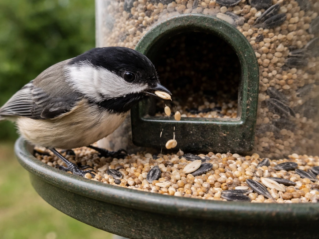 Small songbird in a seed feeder with scattered hulls and loose kernels near the feeding port.