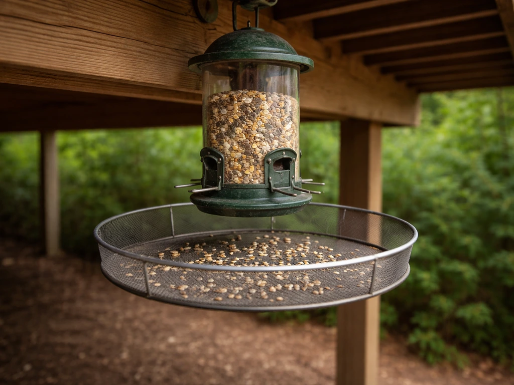 Outdoor bird feeder with a mounted seed catcher tray holding tossed seeds beneath it.