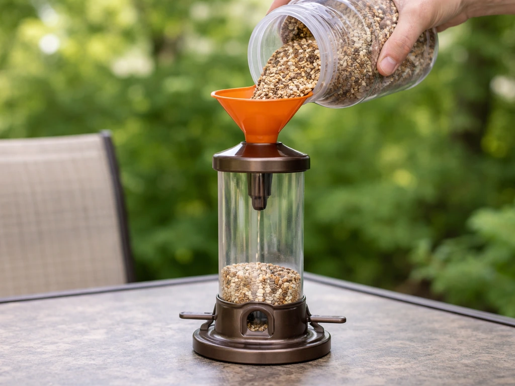 Close-up of a hand using a funnel container to pour birdseed into a bird feeder without spilling.