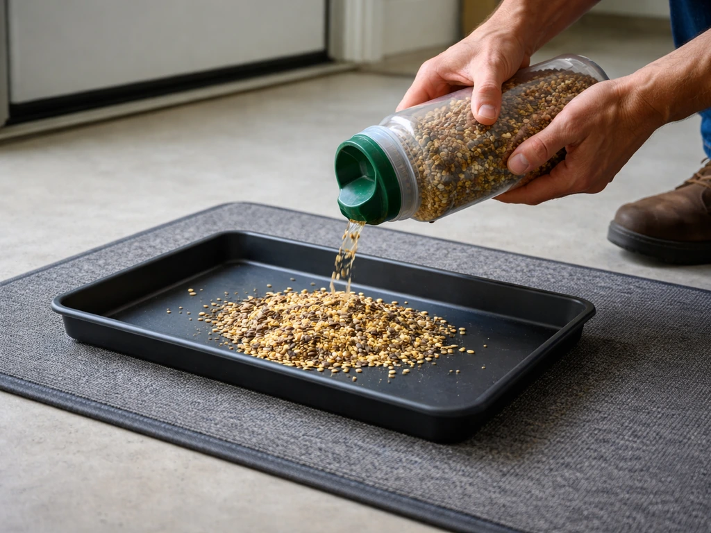 Person scooping seed from a pour-spout container over a mat on an entryway/garage floor