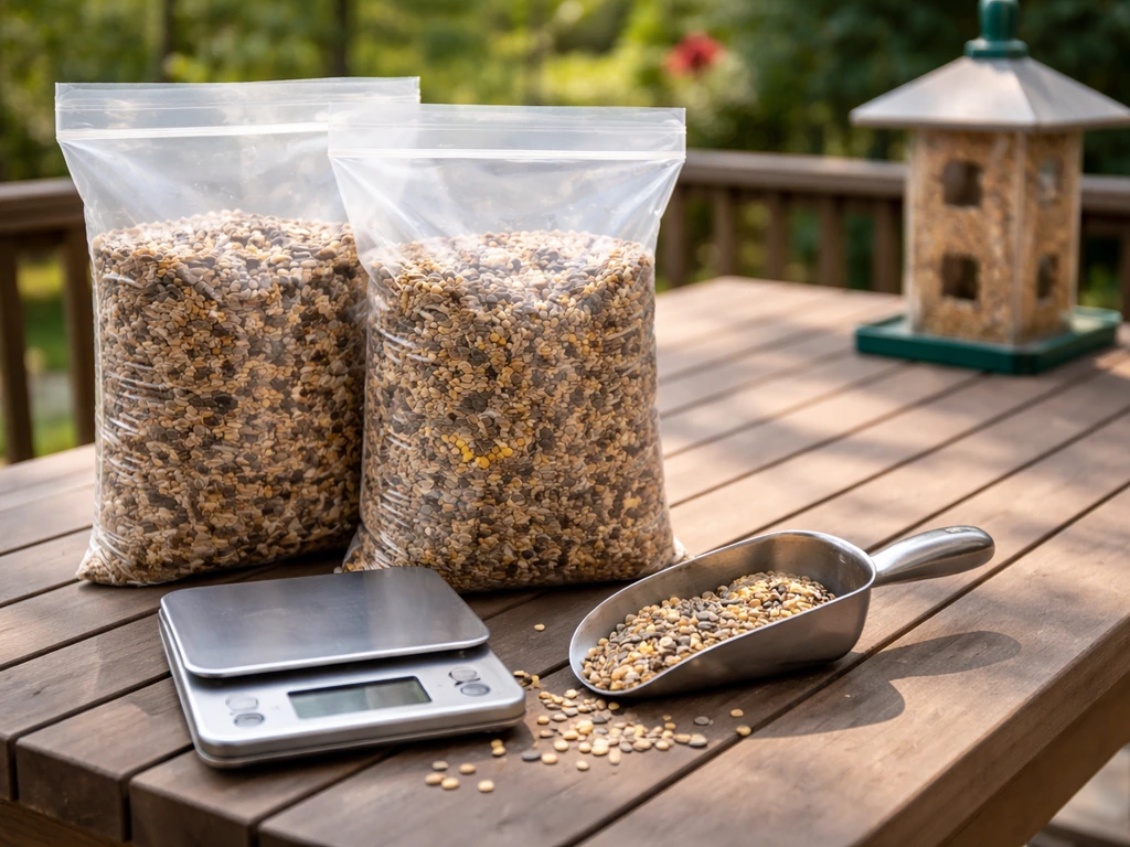 Bird seed bags on a patio table with a scoop and kitchen scale, with a feeder blurred in the background.