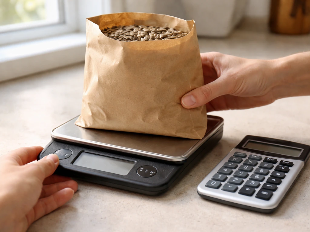 Hands placing seed bag on a kitchen scale with calculator nearby for a price-per-pound calculation