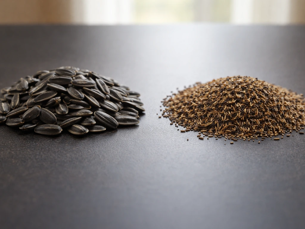 Close-up of black oil sunflower seeds and small nyjer thistle seeds in separate piles showing texture differences