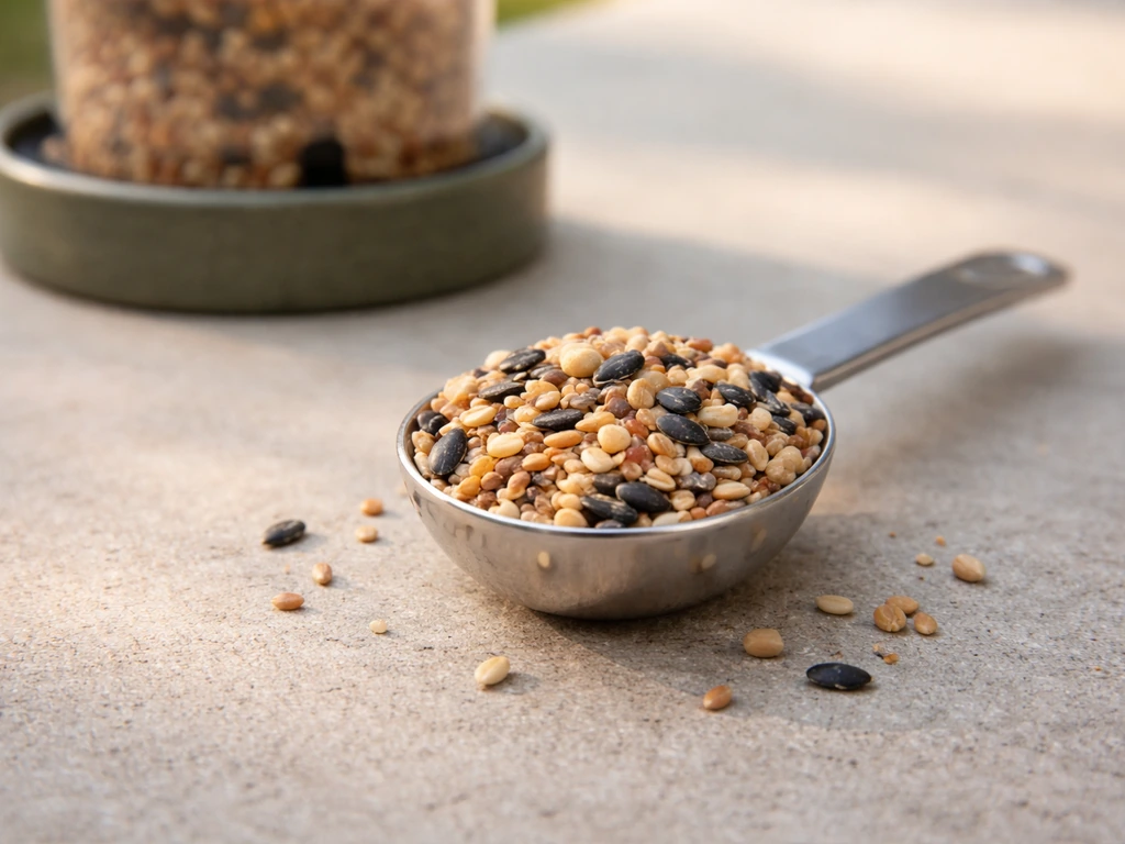 Table spoon measure filled with mixed birdseed beside a simple outdoor bird feeder