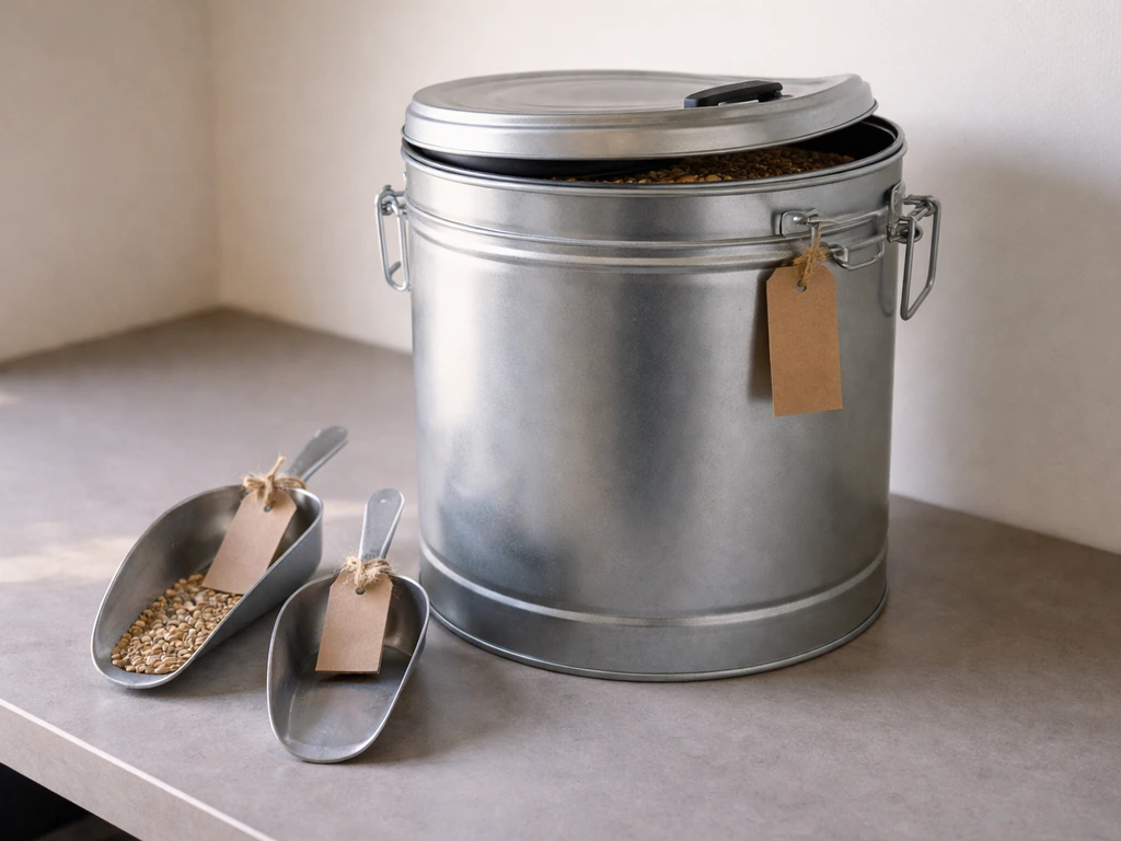 Hard-sided airtight bird seed container with scoops beside it on a clean workbench.
