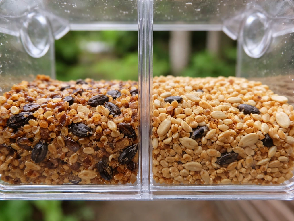 Side-by-side view of wet clumped birdseed and fresh dry seed inside a simple feeder