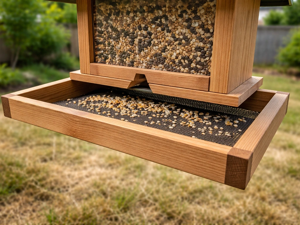 Outdoor bird feeder with a seed catcher tray collecting fallen seeds below, showing less mess.