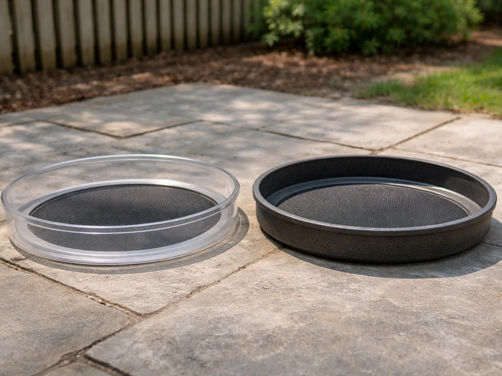 Two seed catcher trays side-by-side outdoors, UV polycarbonate versus recycled composite materials.