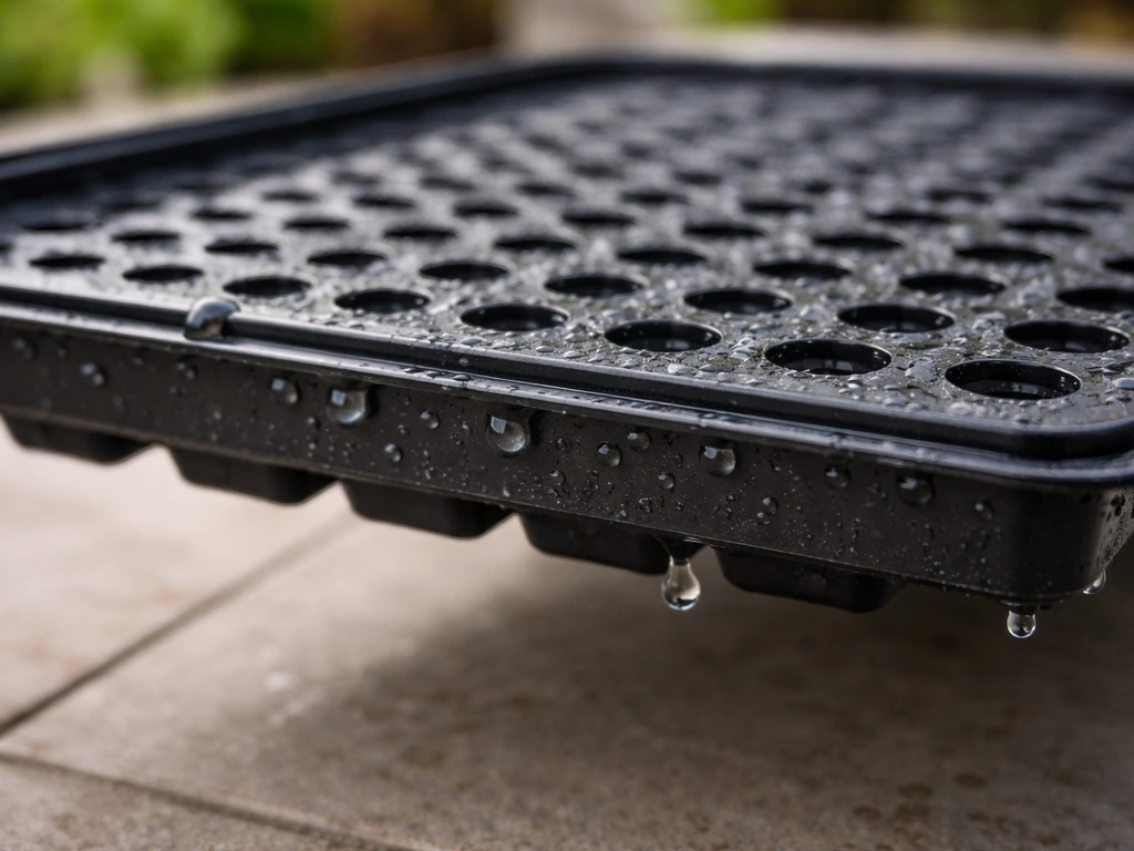 Close-up of a seed tray bottom with perforated drainage holes and raindrops beginning to drain.