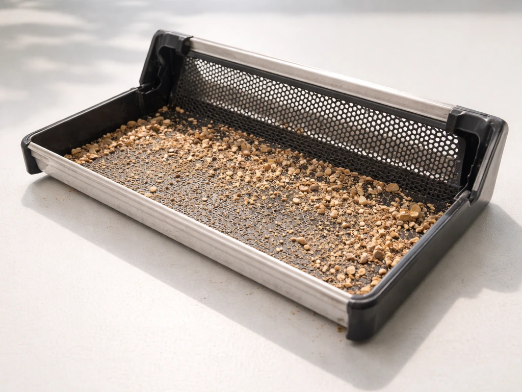 Close-up of a removable tray insert pulled out, showing seed and hull debris ready for cleaning.