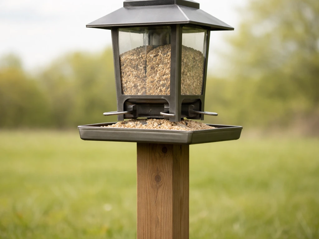 Bird feeder base with a mounted seed tray positioned 3–6 inches below the opening, showing the clean gap.