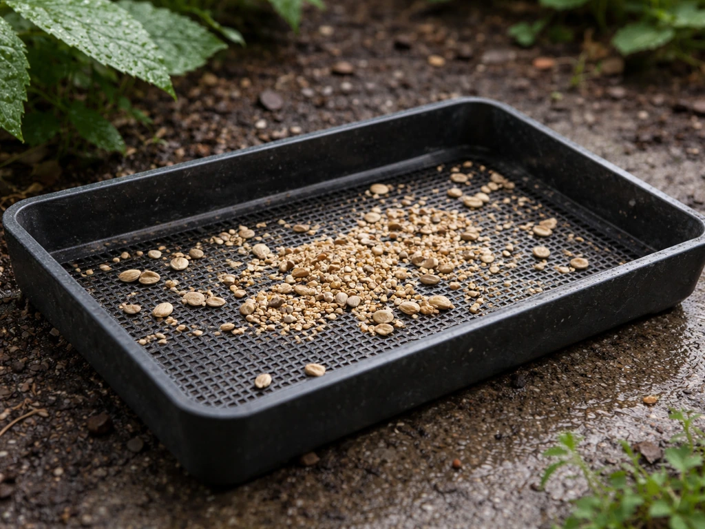 Close-up of a seed catcher tray outdoors in damp weather with dry, unclumped seed and drainage visible.
