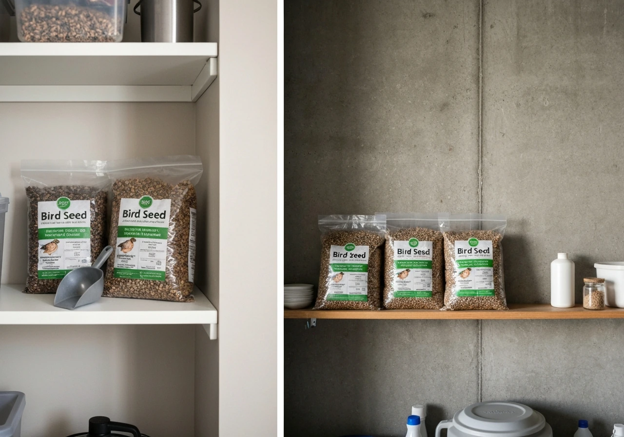 Bird seed bags stored neatly on an indoor pantry shelf and a garage shelf