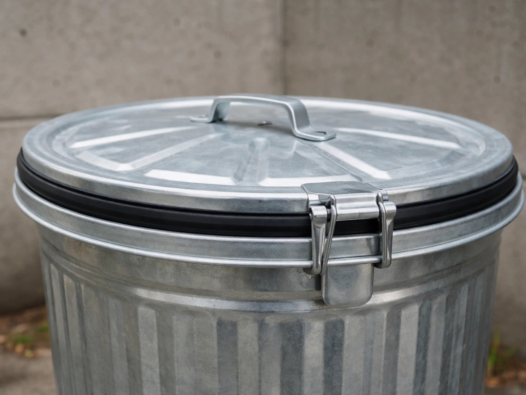 Close-up of a galvanized metal trash can with a rubber-gasket locking lid against a clean exterior wall.