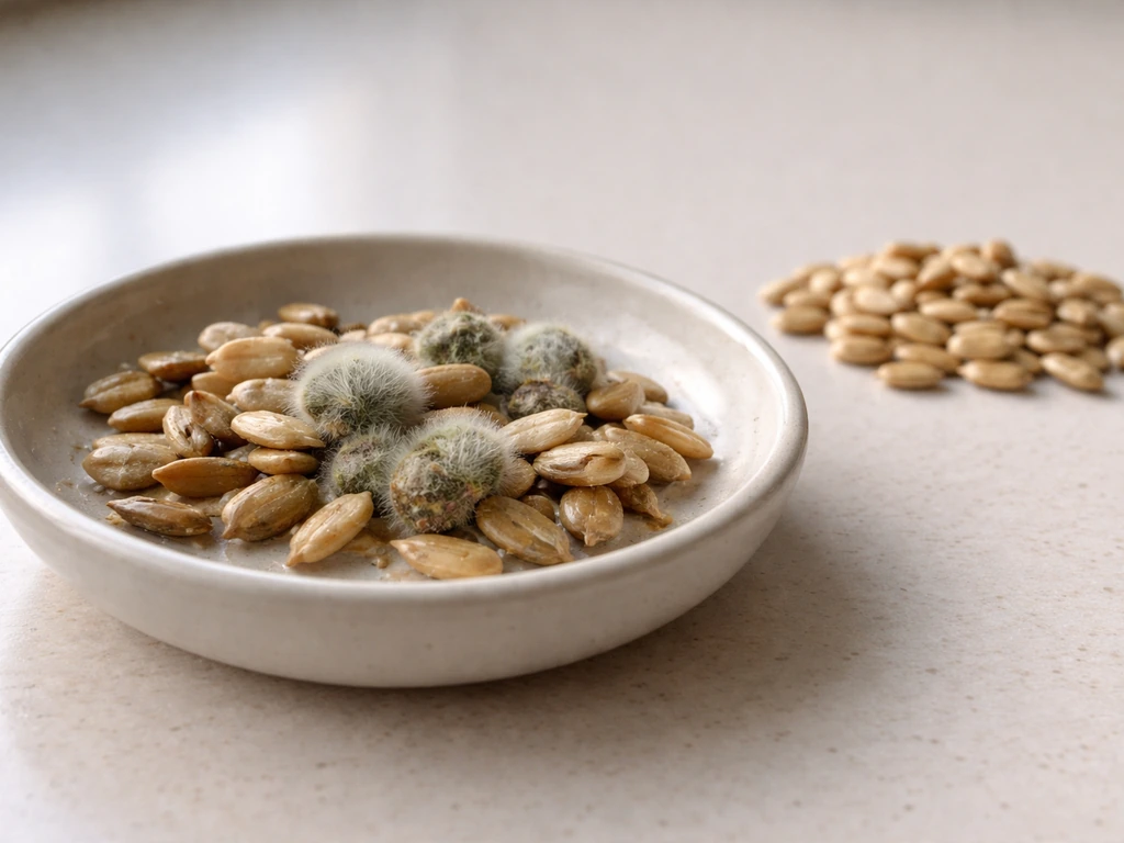 Close-up of moldy seeds with visible fuzzy green-white mold in a shallow dish on a counter.
