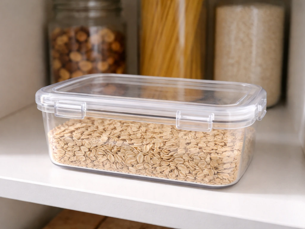 Sealed, lidded food container on a clean pantry shelf to show pest prevention and storage tidiness.