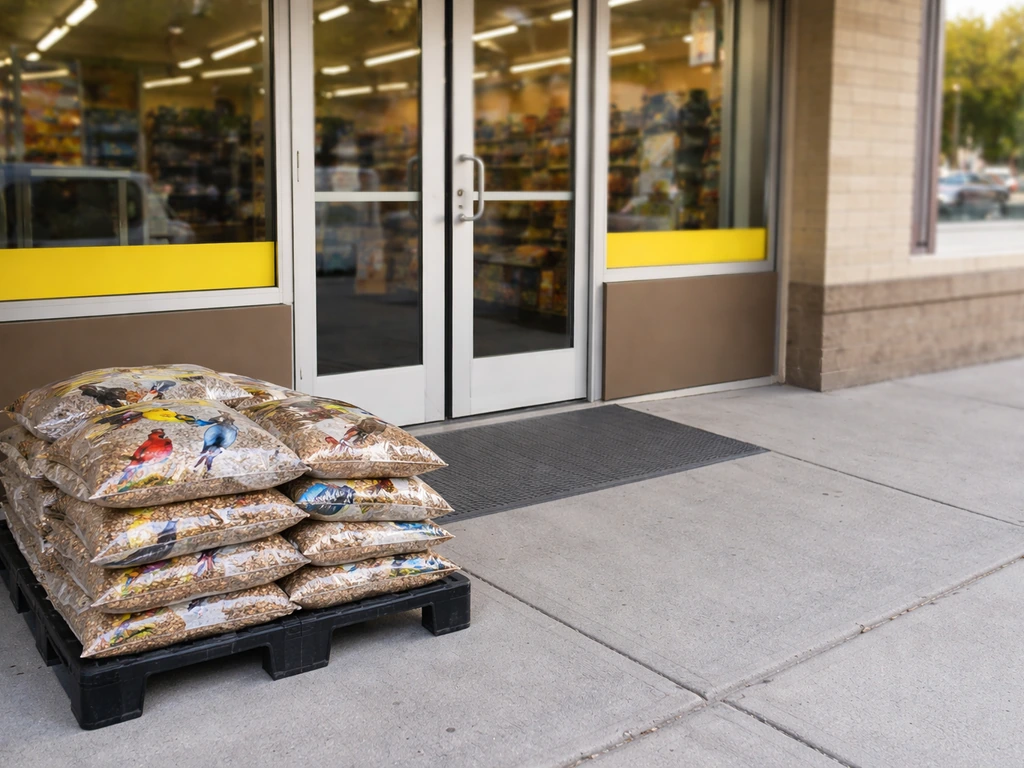 Dollar General store entrance with a nearby bird seed bag display visible to the side.