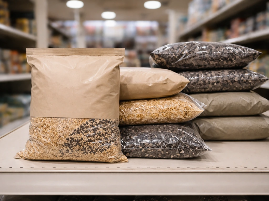 Close-up of several generic bird seed bags in a simple aisle display, minimal and realistic.