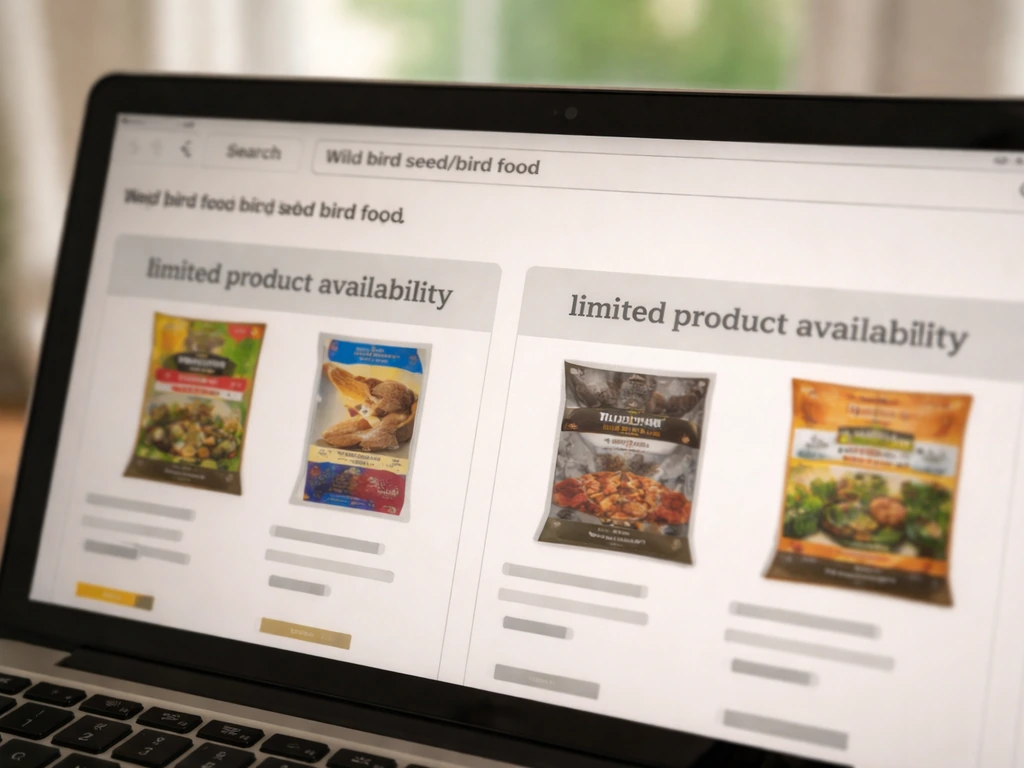 Close-up of laptop screen showing search results with limited product availability messaging for bird food.