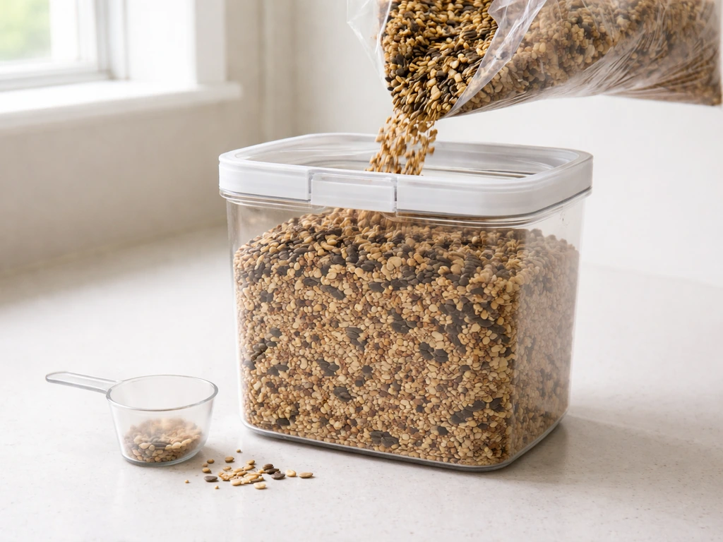 A bird seed bag poured into an airtight plastic container on a kitchen counter, dry and sealed storage.