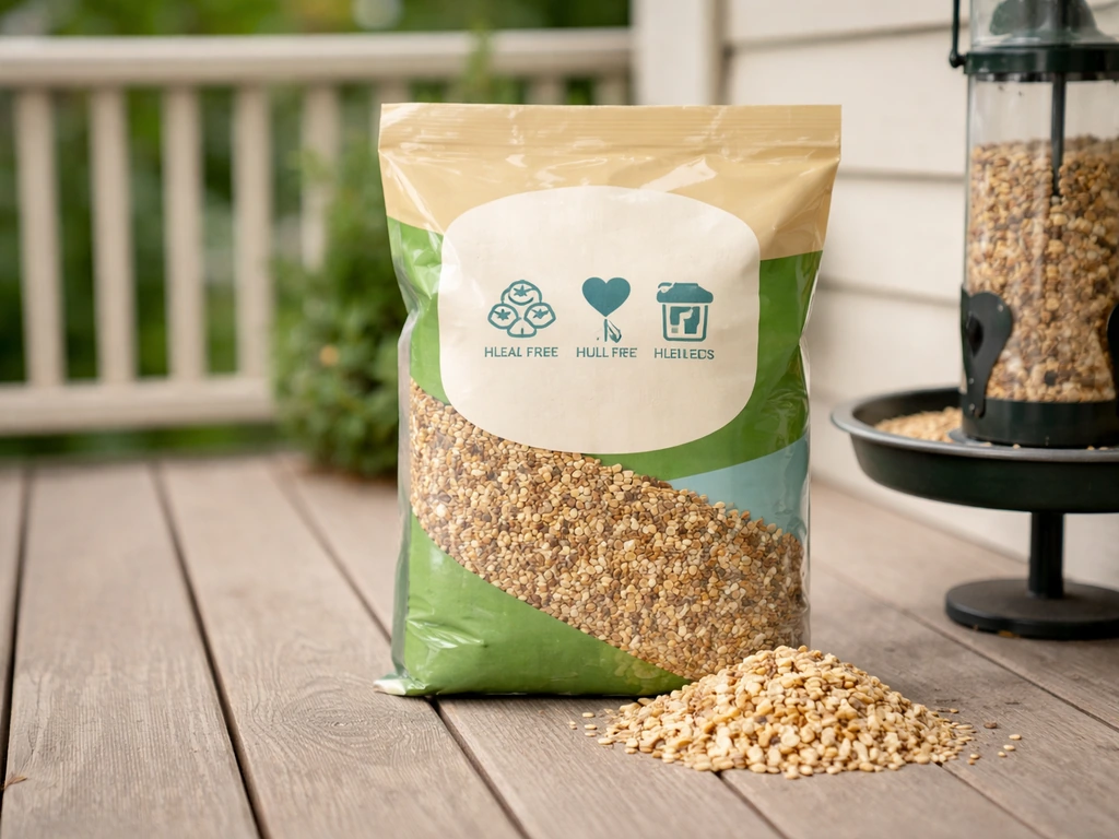 Bird seed bag labeled conceptually, with hull-free seed pieces and a nearby feeder area on a porch.