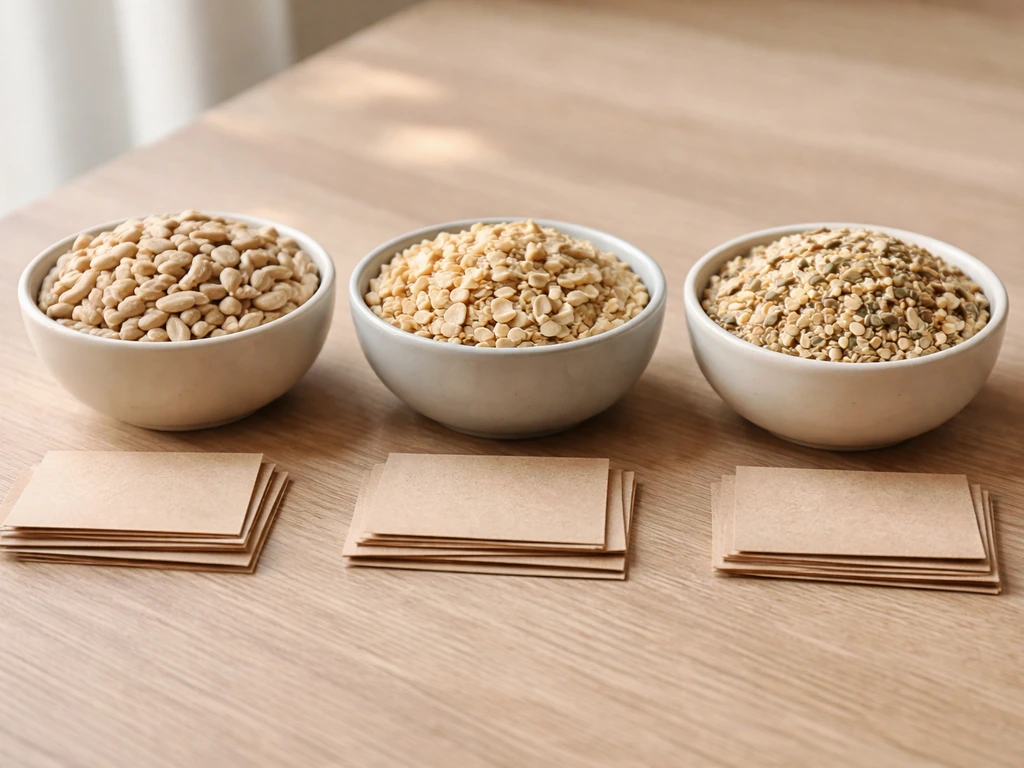 Close-up of sunflower hearts and hulled seed pieces in three bowls on a wooden surface.