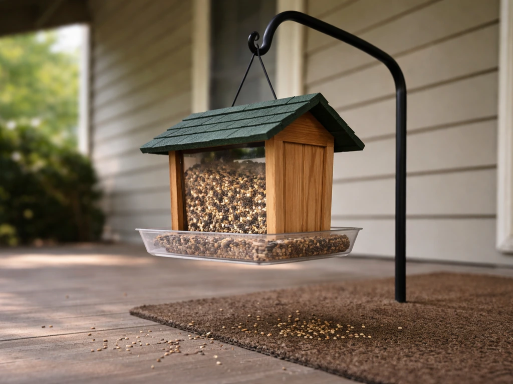 Bird feeder hanging under a sheltered porch with a small catch tray beneath to reduce seed scatter.