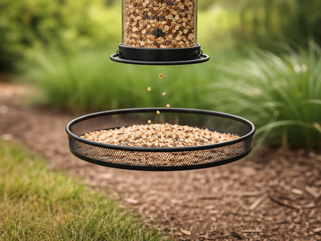 A seed-catching tray under a no-mess bird feeder captures falling seed pieces while ground stays clean.