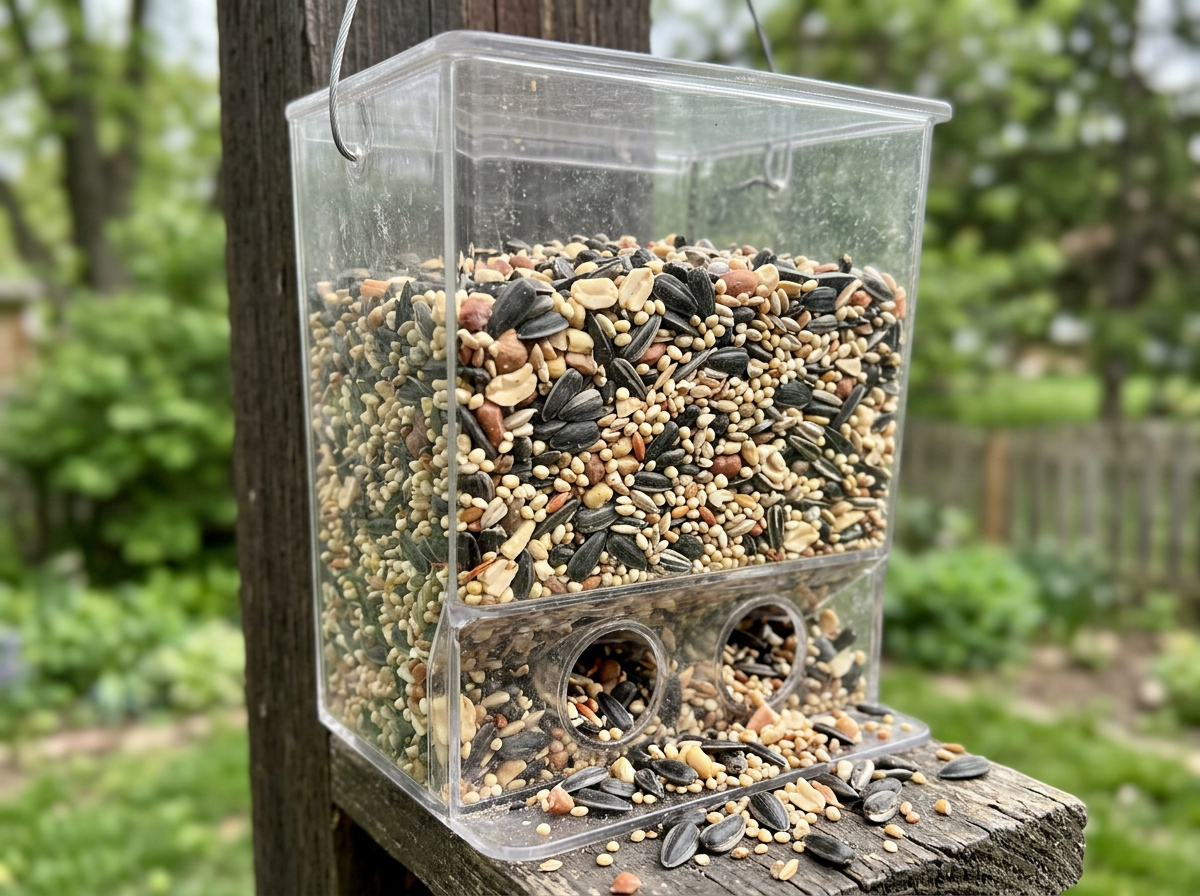 Close-up of calorie-rich bird seed in a feeder hopper and spilled seed smell appeal