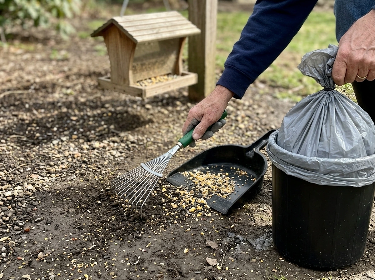 Clean-up of spilled bird seed with rake and bagged sweepings