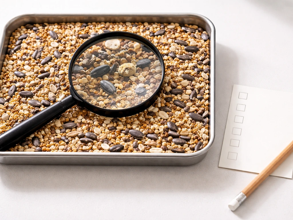 Bird seed mix in a tray inspected with a magnifying glass and a blank checklist card for safety.
