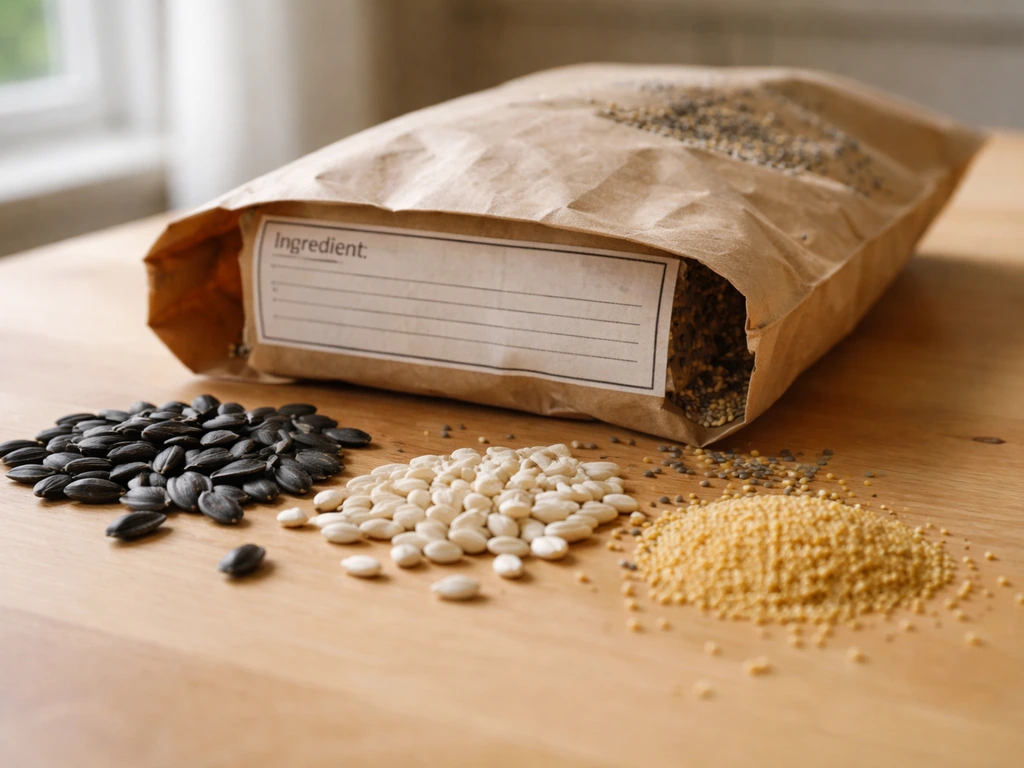 Bird seed bag label area beside separate piles of sunflower, safflower, and millet seeds on a table