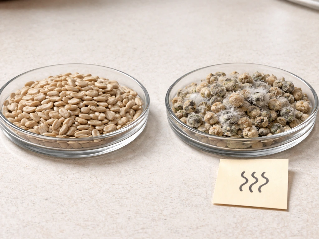 Side-by-side seeds: clean dry seeds vs moldy seeds with fuzzy gray/green/black patches and a musty cue.