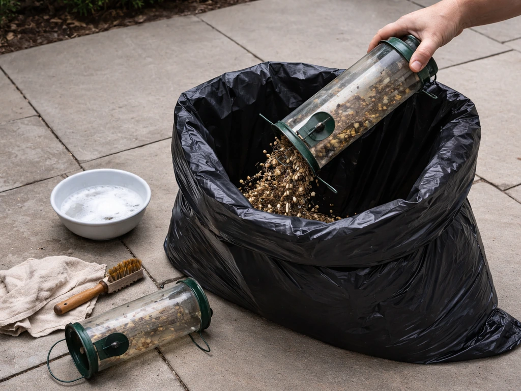Gardening seed feeder being emptied into a trash bag, with cleaning brush and tools nearby.
