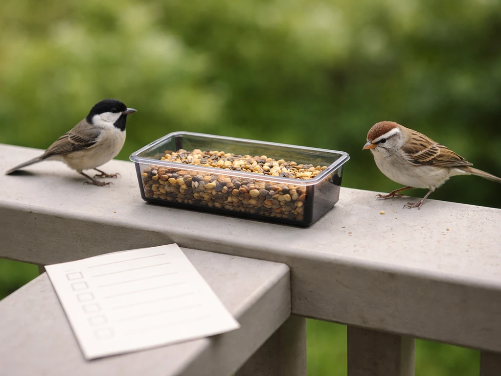 Wild birds avoid a feeder with fresh seed while a blank checklist card sits nearby on a patio.