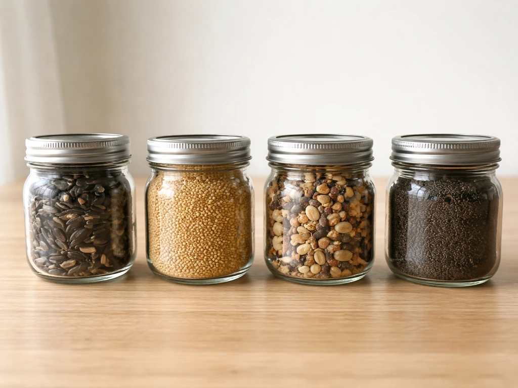 Side-by-side jars of different wild bird seeds on a light wood table, showing varied textures and colors.