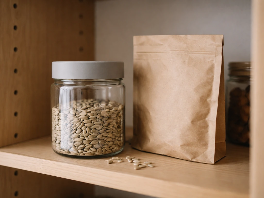 Sealed airtight container of seeds in a cool, dry pantry closet with soft natural light.