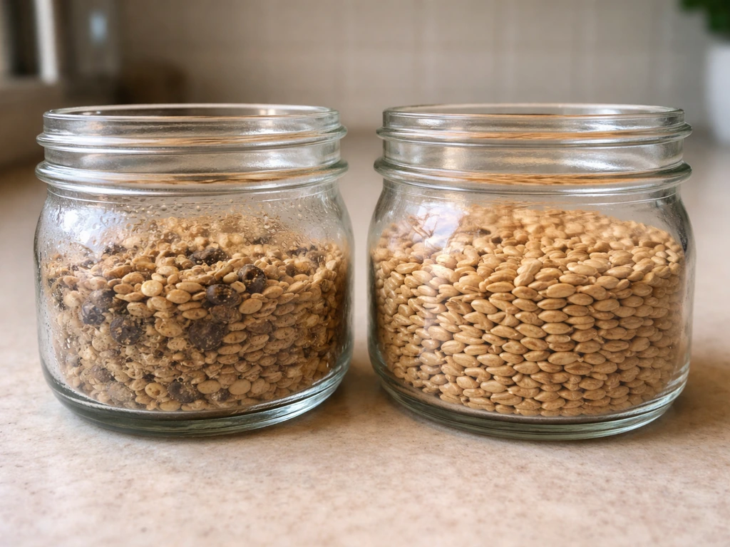 Two side-by-side jars of seeds: left clumpy and discolored, right fresh and uniform.
