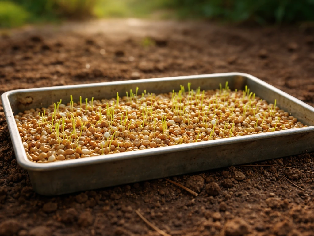 Feeder tray on soil with small green sprouts emerging from sprouted seed grains in backyard light.