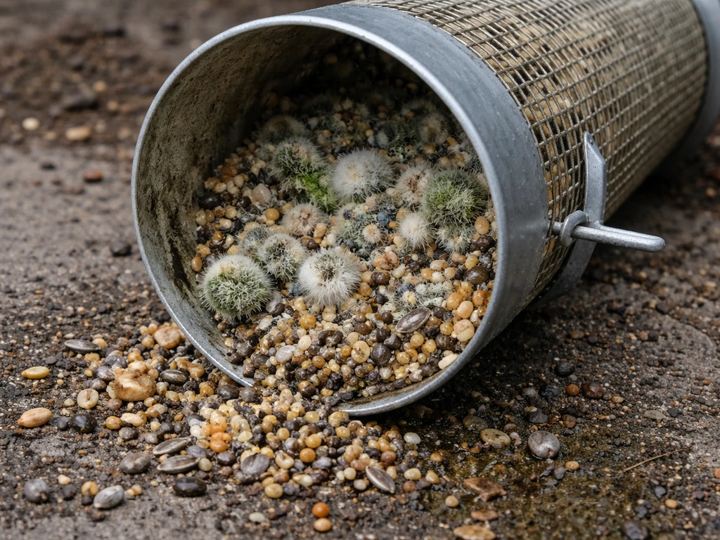 Moldy seed in a feeder container with fuzzy growth and spilled seed on the ground around it.