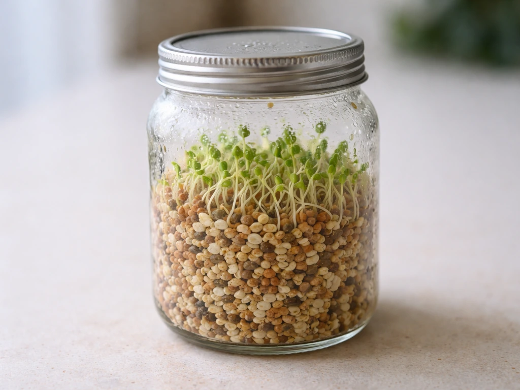 Fresh green sprouts rising from bird seed in a clear glass jar on a clean background.