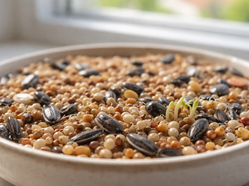 Close-up of mixed bird seeds in a shallow tray with a few sprout-ready conditions
