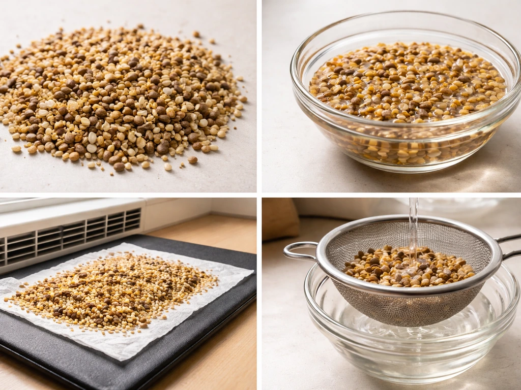 Four-panel collage: dry seeds, soaking water, warmth from a heat mat, and drained rinsing for airflow.