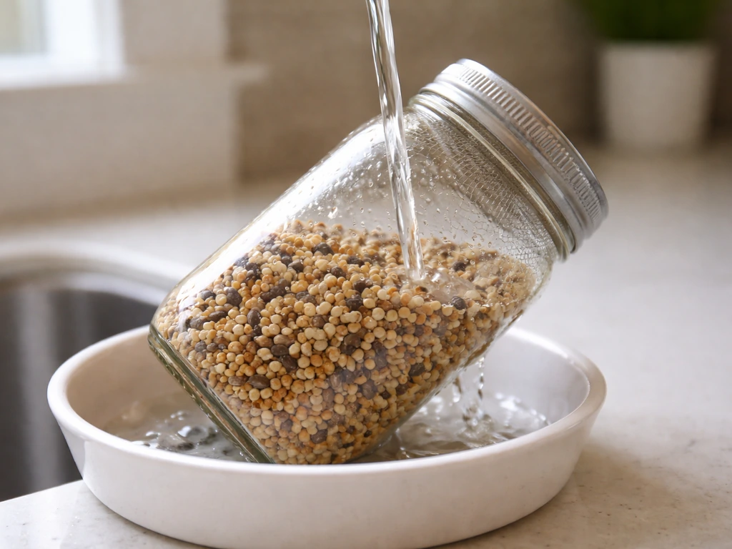 Bird seed sprouting setup: water rinsing millet in a clear jar with a mesh lid draining.