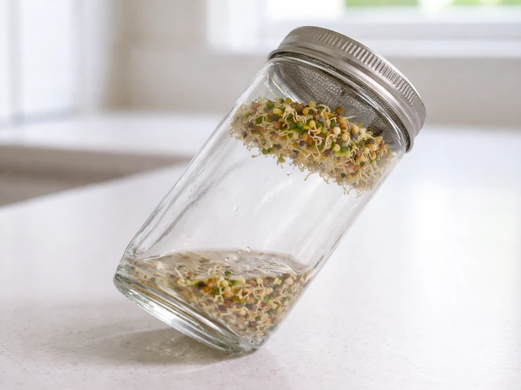 Clear sprouting jar with mesh lid and visible drainage, clean kitchen counter, no standing water