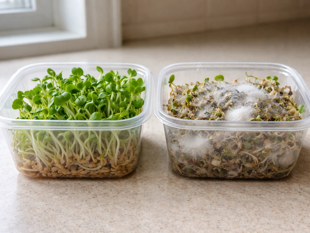 Healthy and moldy seed sprouts side by side, showing fuzzy white mold on the moldy container