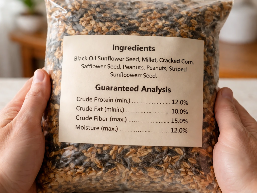 Close-up of hands holding a wild bird seed bag label with ingredients and guaranteed analysis visible.