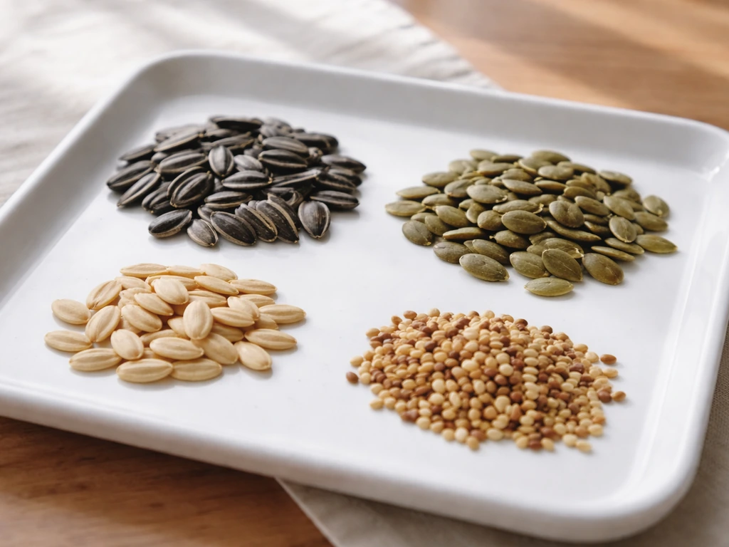 Close-up of a white tray with common seeds neatly sorted side-by-side under bright natural light.