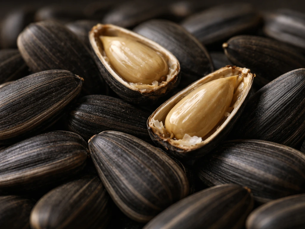 Macro close-up of black oil sunflower seeds and split kernels with thin shells and oily texture