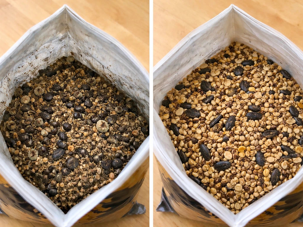 Split view of bird seed bag showing moisture-damaged, clumped seed on one side and clean seed on the other.